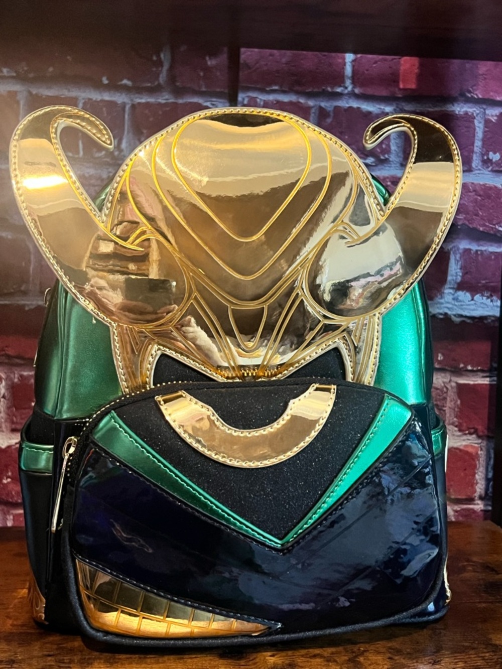 Loungefly Metallic Gold & Green Loki Helmet Mini Backpack